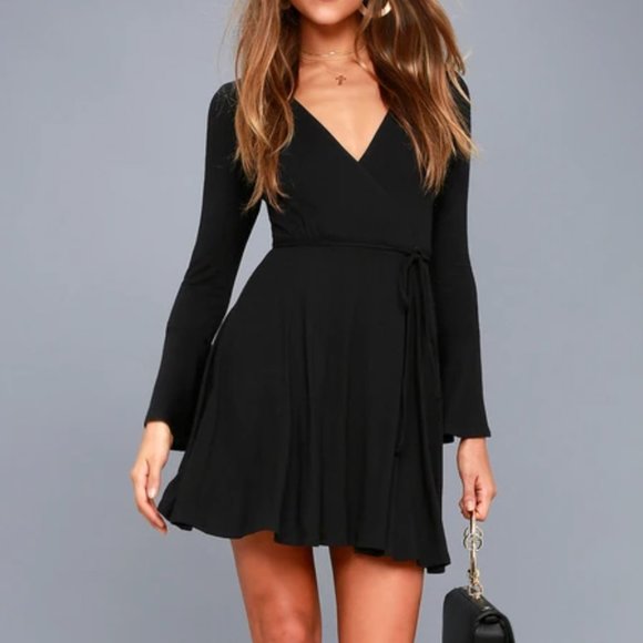 Lulus Small S Black Plot Twist Flounce Sleeve Stretch Flirty Mini Wrap‎ Dress - Picture 1 of 8